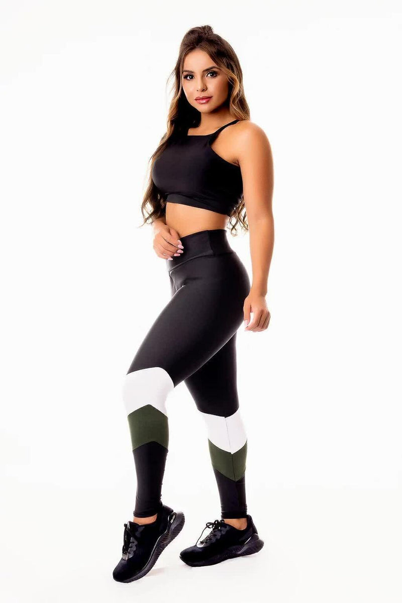 Conjunto Fitness Feminino Cropped Alcinha Preto + Calça Legging Cintura Alta Detalhe Verde Militar e Branco