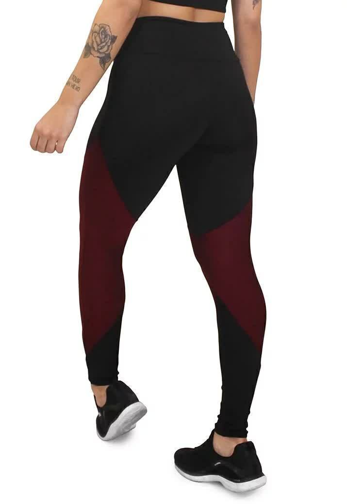 Calça Legging Feminina Cintura Alta Preta Com Detalhe Em Vermelho