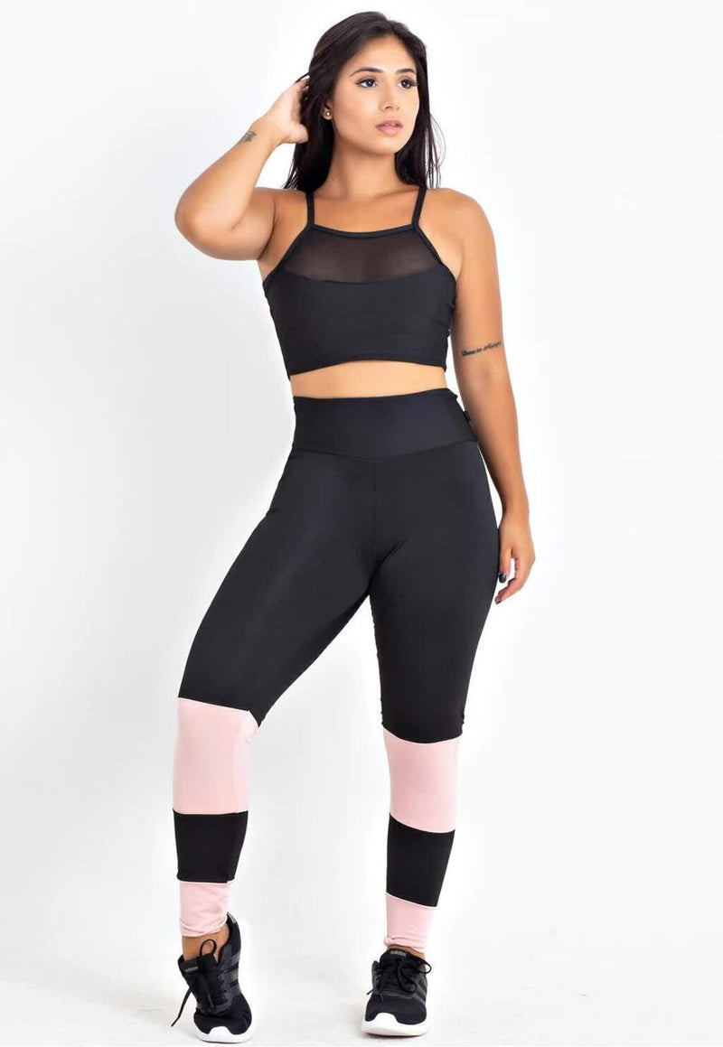 Feminino Cropped Transparencia Calça Preto com Rosê Conjunto Fitness