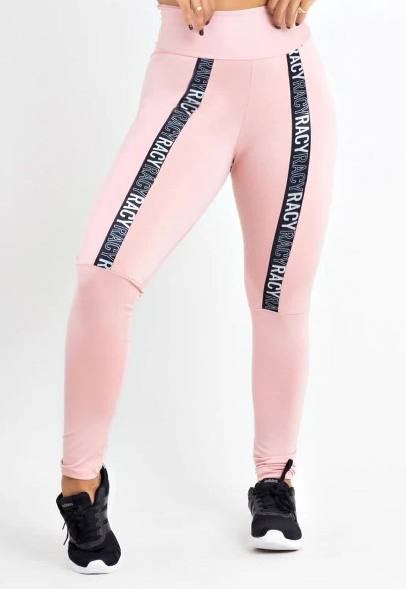 Calça Legging Feminina Cintura Alta Rosa Detalhe Em Faixa Preta