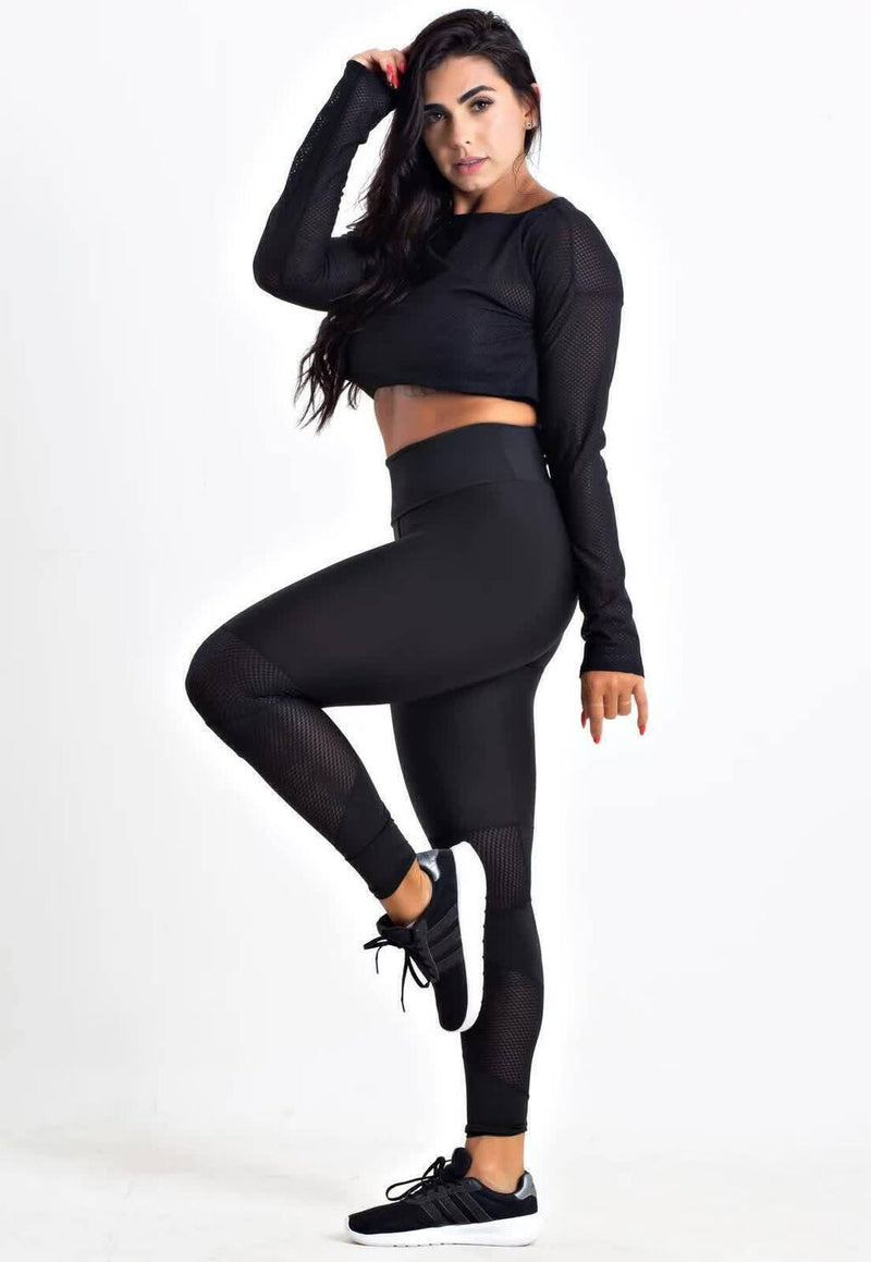 Conjunto Fitness Feminino Cropped Mnaga Longa Tela Dry Preta + Calça Legging Cintura Alta Detalhe Em Tela Preta