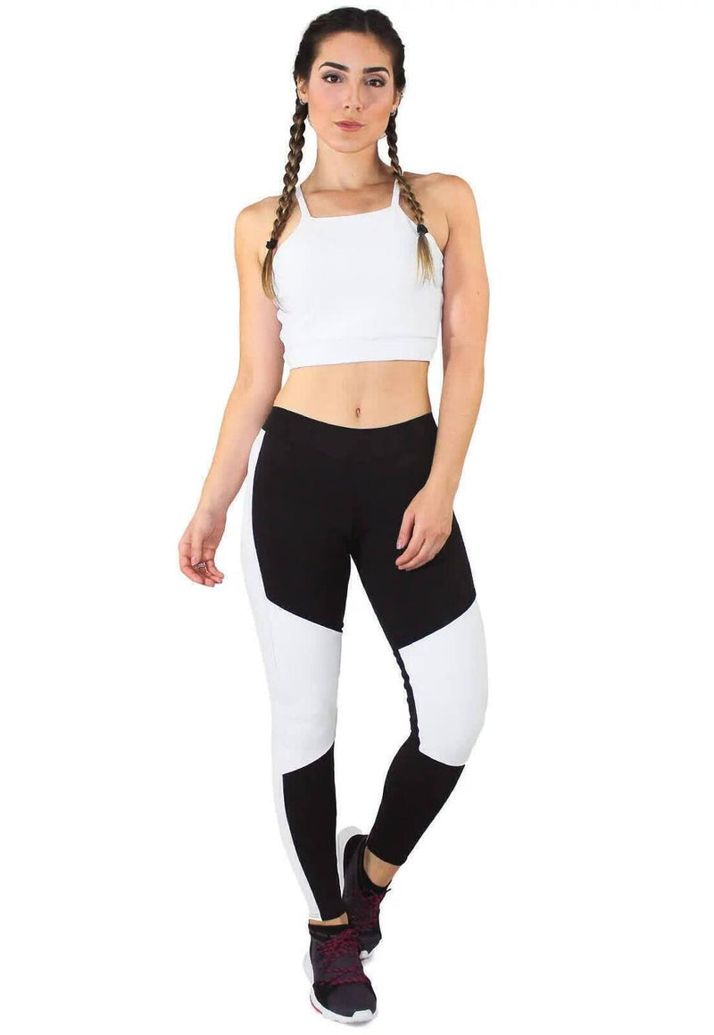 Conjunto Fitness Feminino Cropped Alcinha Branco + Calça Legging Preta Detalhe Branco