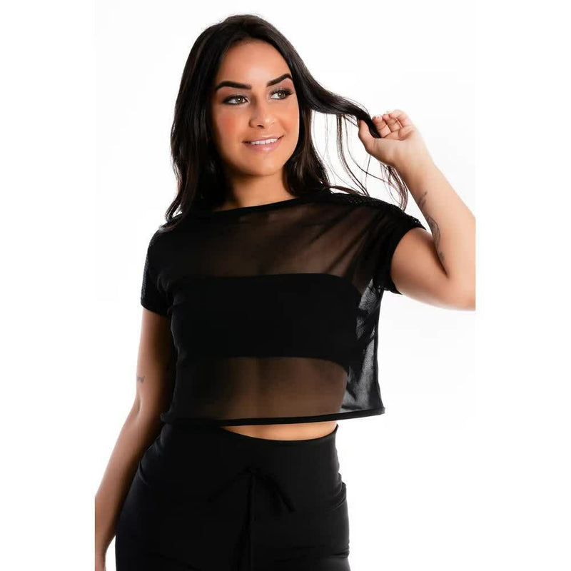 Cropped Feminino Tela Transparente Preto + Top Tomara Que Caia