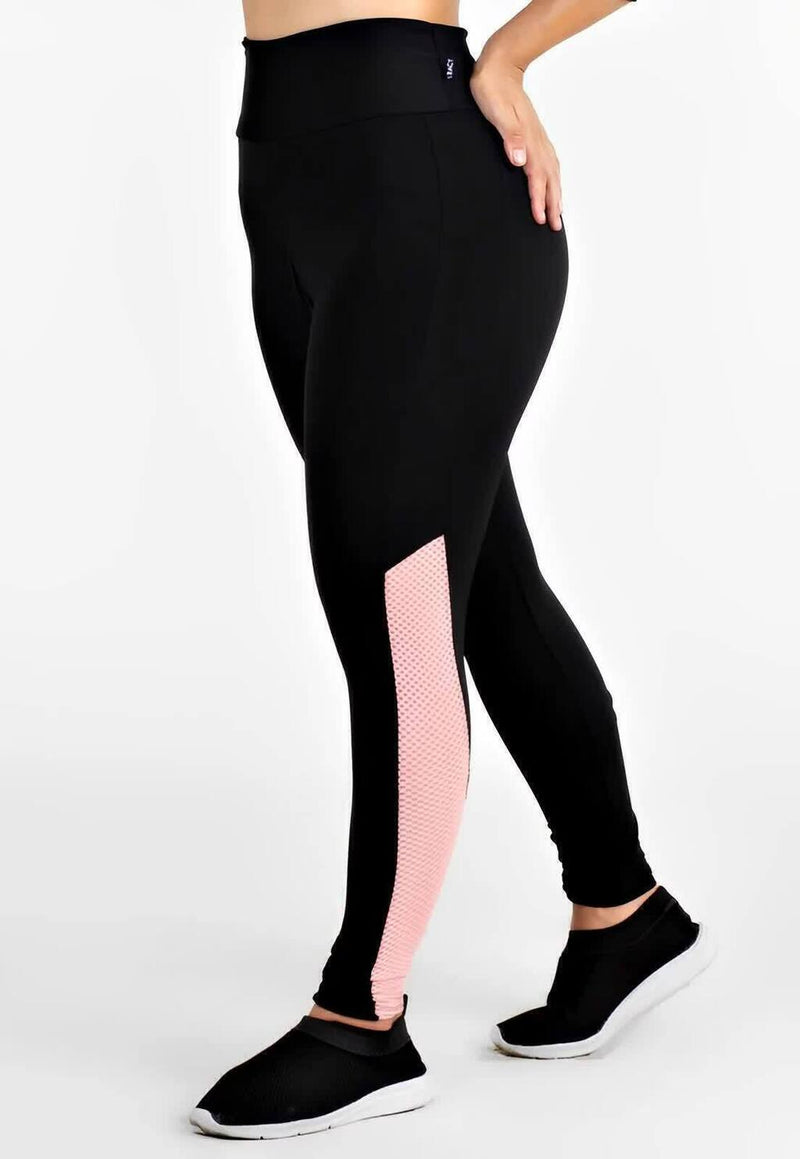 Calça Legging Feminina Cintura Alta Preta Com Detalhe Lateral Na Canela Em Tela Rosa