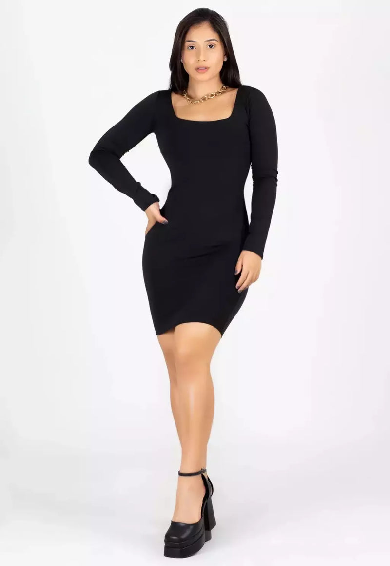 Vestido Feminino Tubinho Curto Manga Longa Preto