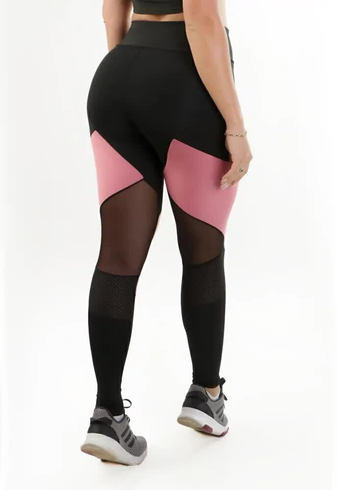 Calça Legging Feminina Cintura Alta Rosa Detalhe Em Rosa e Em Tule Transparente