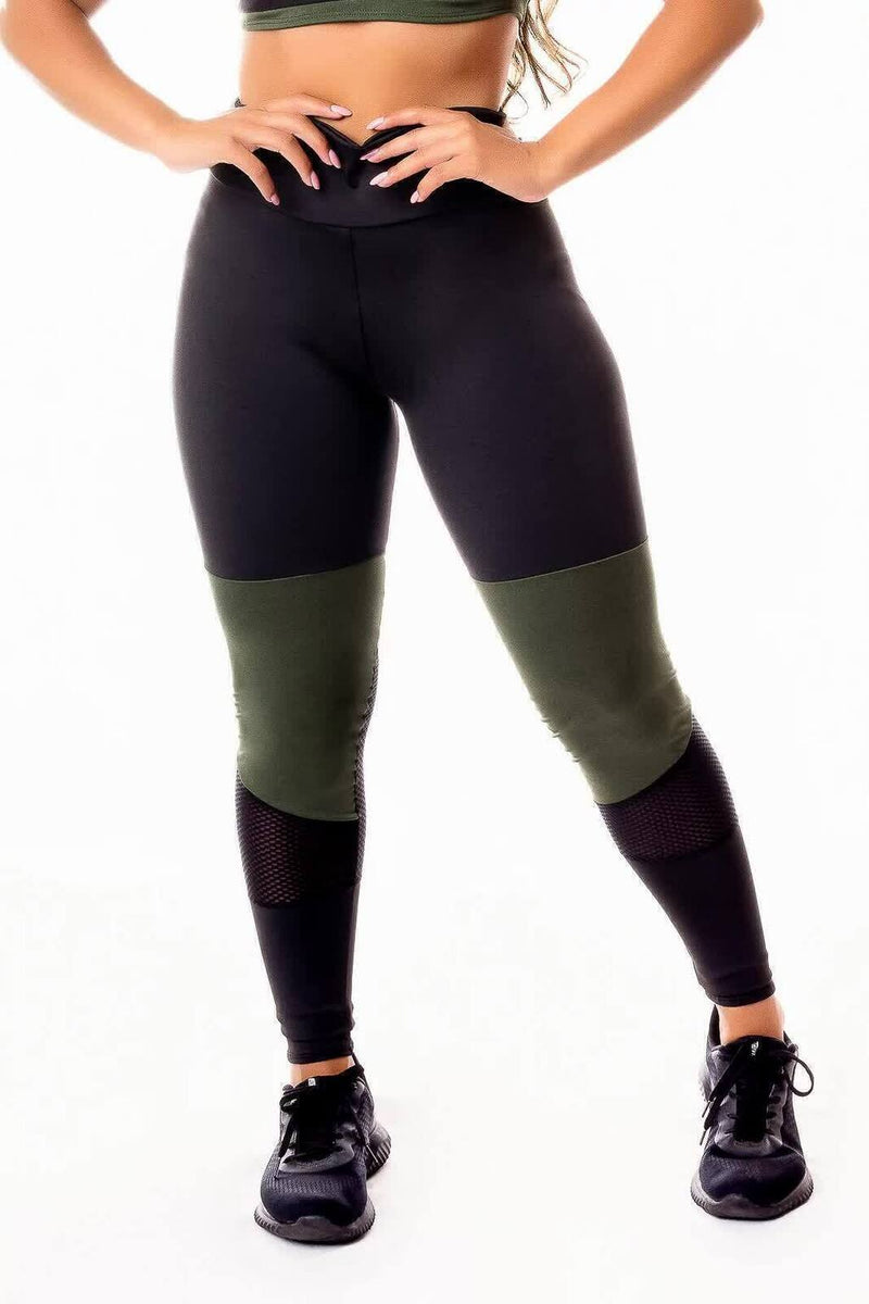 Calça Legging Feminina Cintura Alta Preta Detalhe Em Verde Militar e Em Tela Dry Transparente