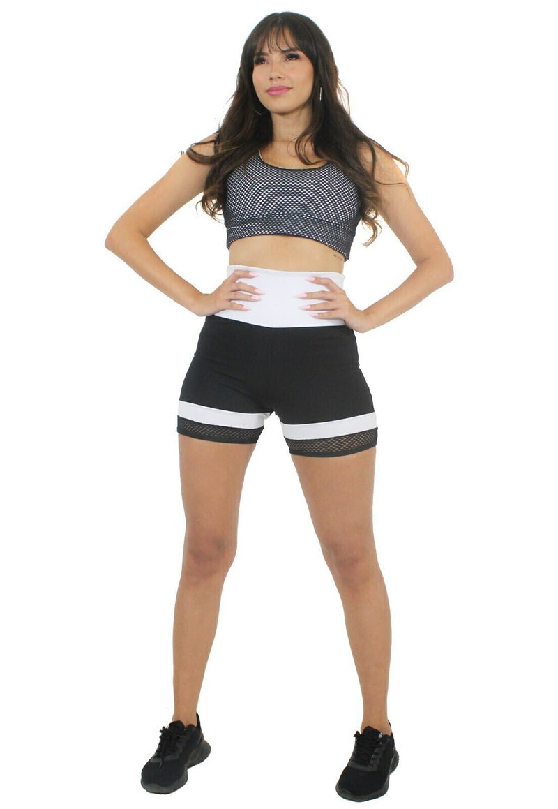 Conjunto Feminino Cropped Regata Branco Detalhe Em Tela Preta e Short Preto Cintura Alta Detalhe Branco