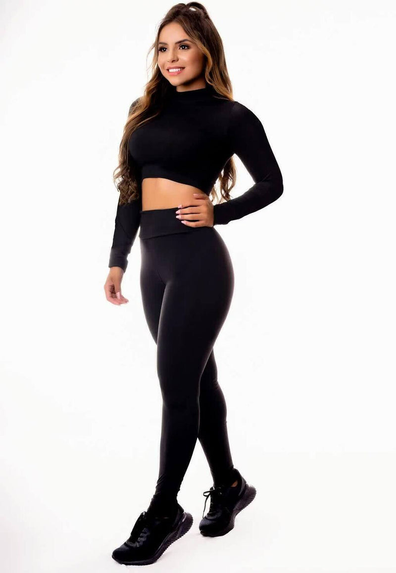 Conjunto Fitness Feminino Cropped Manga Longa Preta E Calça Legging Preta