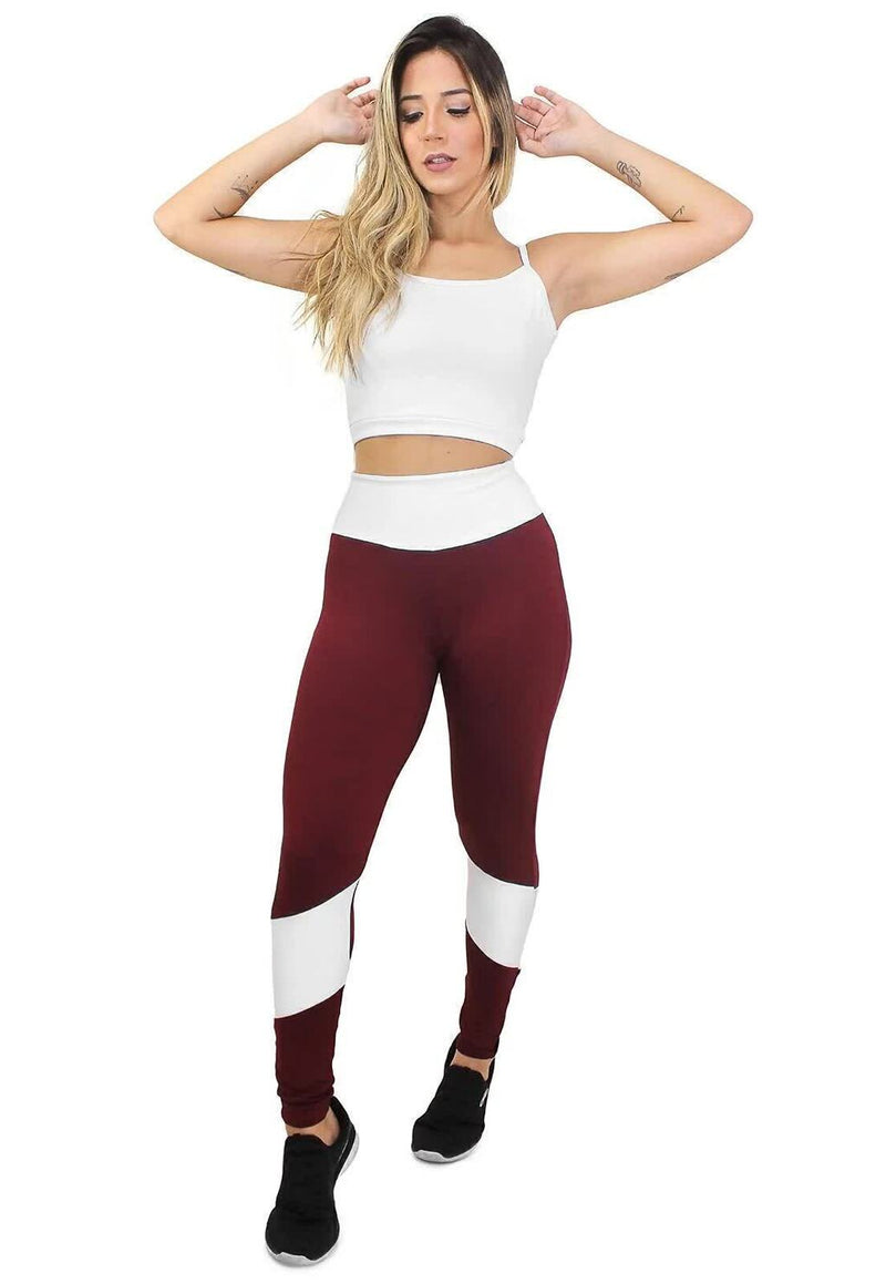 Conjunto Feminino Fitness Cropped Branco e Calça Legging Vermelho Escuro Com Branco