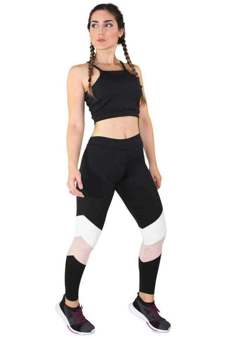 Conjunto Feminino Fitness Cropped e Calça Legging Preta Detalhe Rosa e Branco