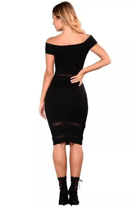 Vestido Feminino Midi Tubinho Ombro a Ombro Detalhe Em Tule Preto