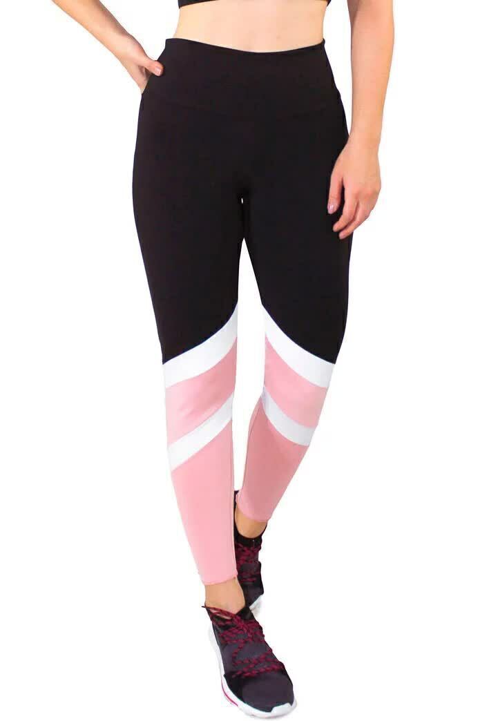 Calça Legging Feminina Cintura Alta Preta Detalhe Em Rosa e Branco