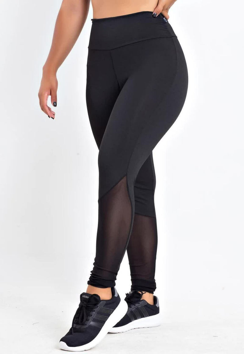 Calça Legging Feminina Cintura Alta Preta Lisa Detalhe Transparente Em Tule