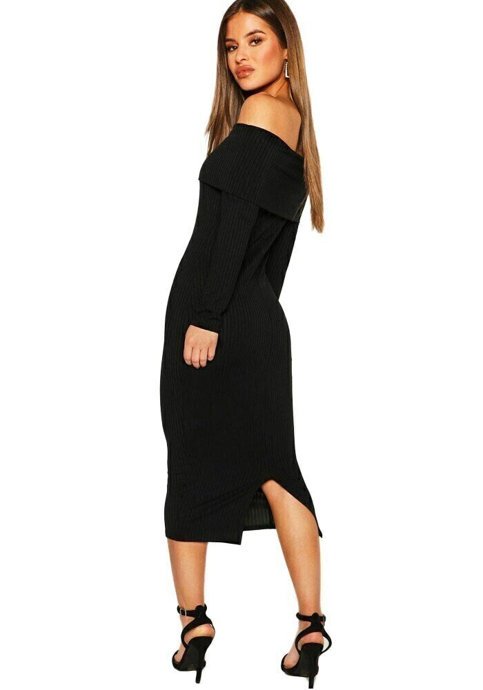 Vestido Feminino Midi Ombro a Ombro Manga Longa Canelado Preto