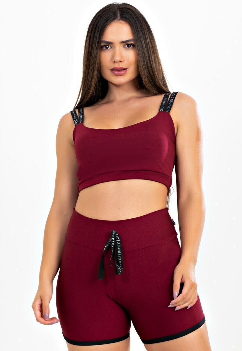 Conjunto Feminino Cropped Marsala Alça Dupla e Short Marsala Detalhe Cadarço Falso