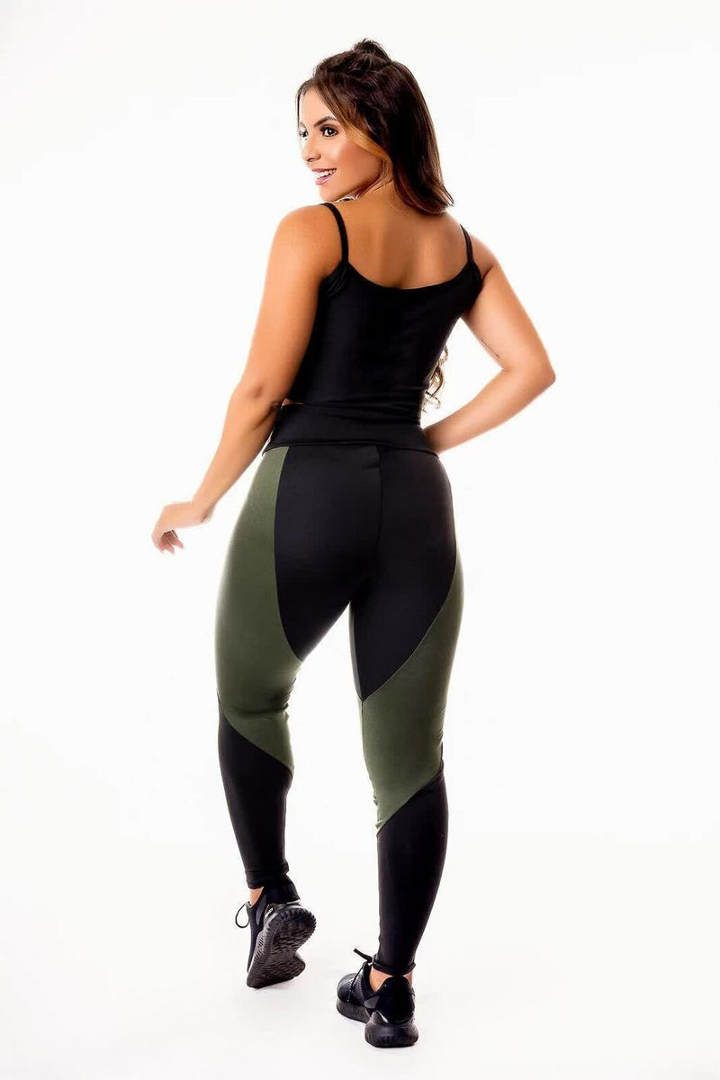 Conjunto Fitness Feminino Cropped Alcinha Preto + Calça Legging Cintura Alta Detalhe Verde Militar