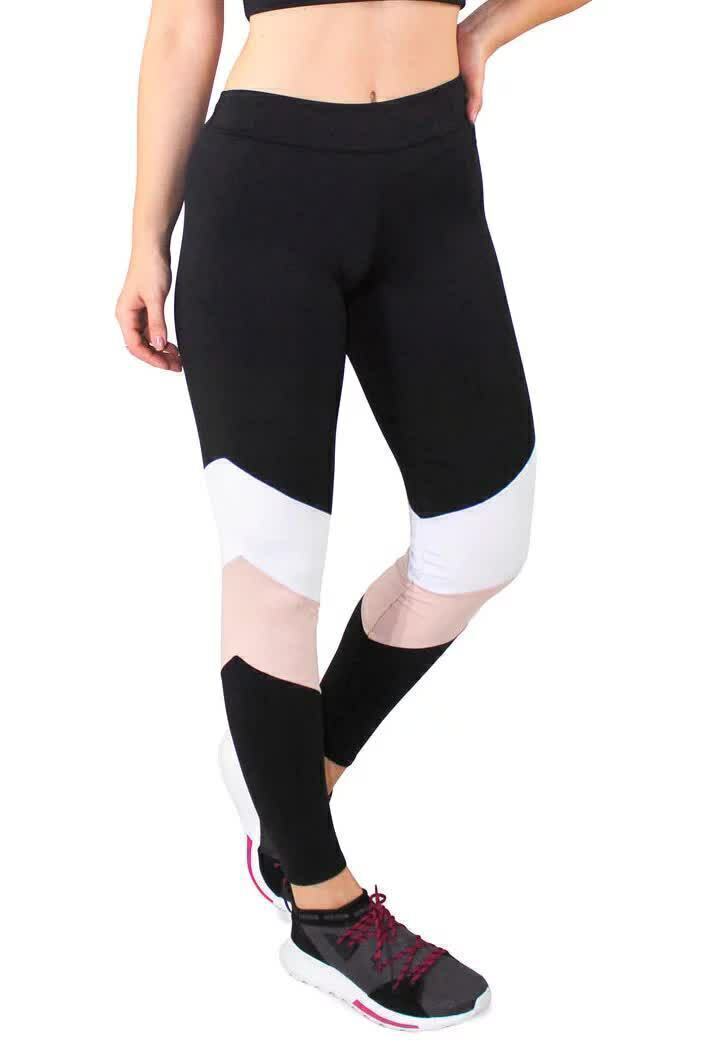 Calça Legging Feminina Cintura Alta Preta Com Detalhe Branco e Rosa