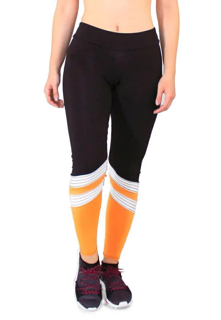 Calça Legging Feminina Cintura Alta Preta Detalhe Em Amarelo e Branco