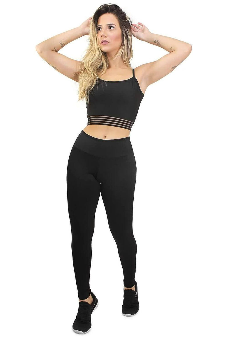 Conjunto Feminino Fitness Cropped de Alça e Calça Legging Preta