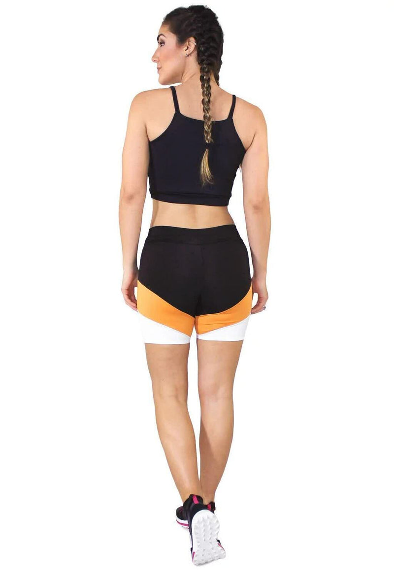 Conjunto Feminino Cropped Preto e Short Detalhe Em Faixa Branca e Amarela