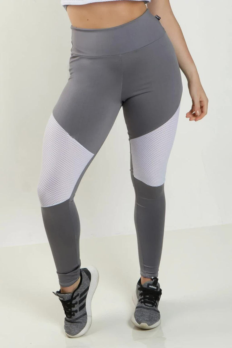 Calça Legging Feminina Cintura Alta Cinza Detalhe Em Tela Branca