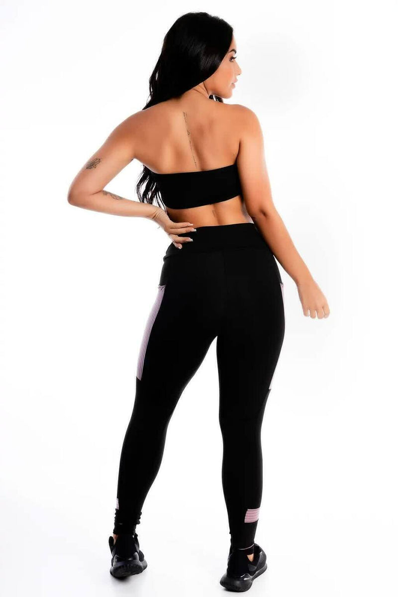 Conjunto Fitness Feminino Top Tomara Que Caia Roxo e Preto + Calça Legging Preta Com Bolso Roxo&nbsp;