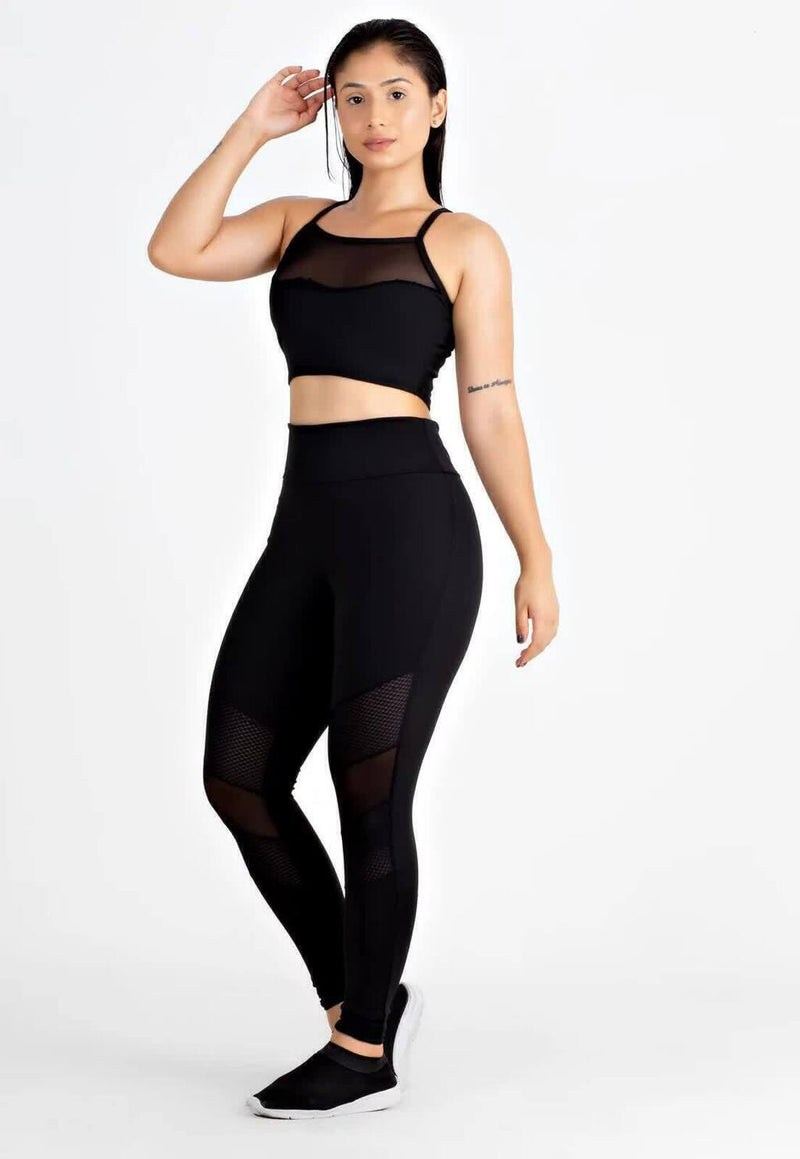 Conjunto Fitness Feminino Cropped Alcinha Preto Detalhe Em Tela + Calça Legging Cintura Alta Preta Detalhe Em Tela Transparente