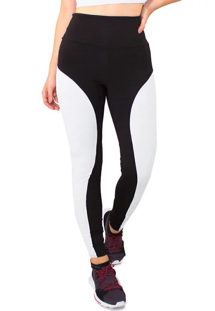 Calça Legging Feminina Cintura Alta Preta Detalhe Lateral Em Branco