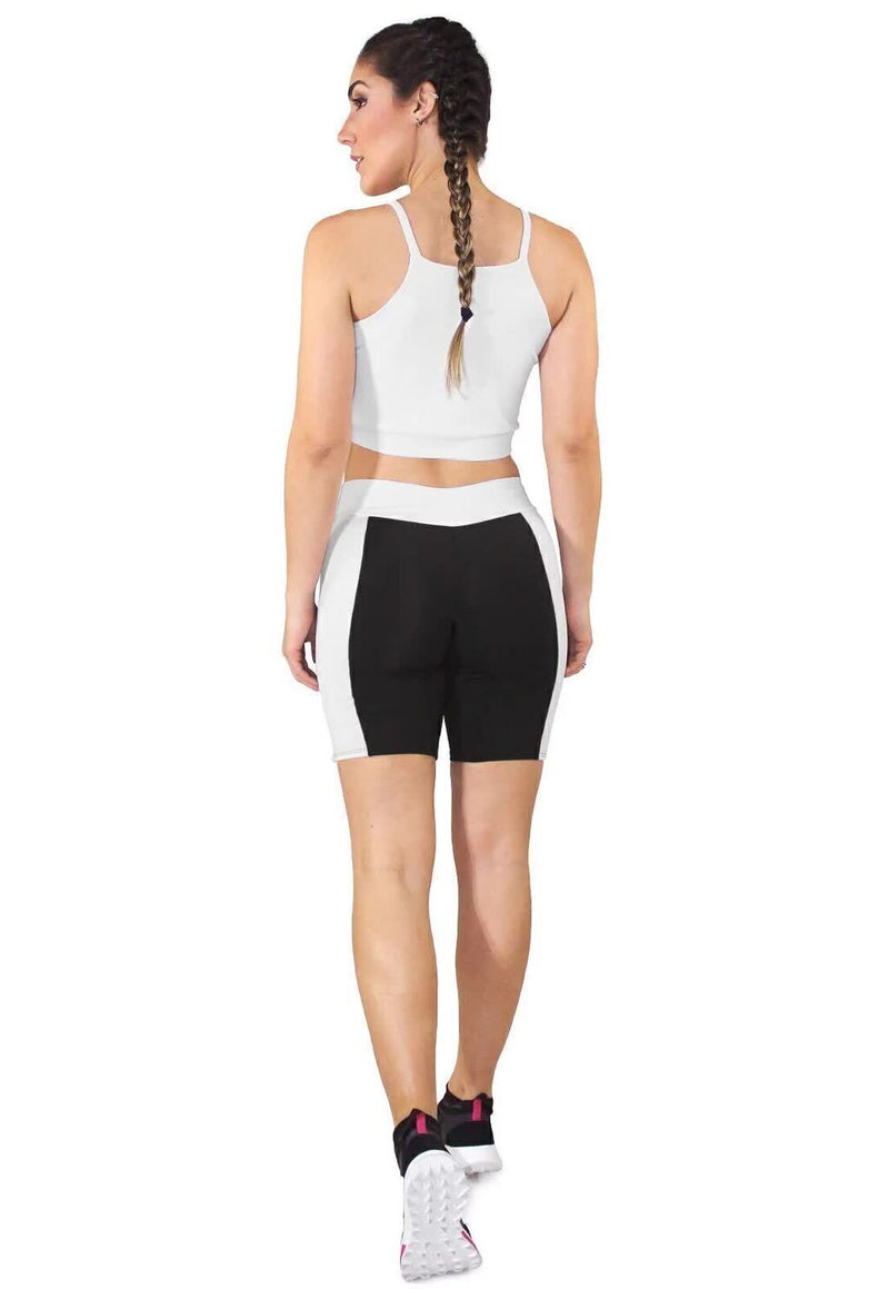 Cropped Alcinha Branco + Shorts Preto Com Branco Conjunto Fitness