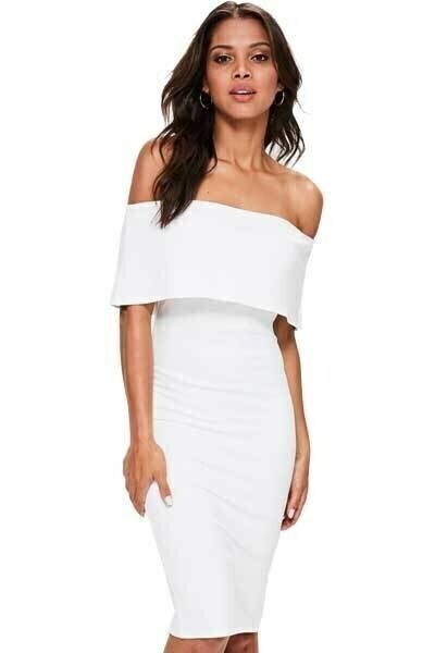 Vestido Feminino Midi Ombro a Ombro Com Babado Branco