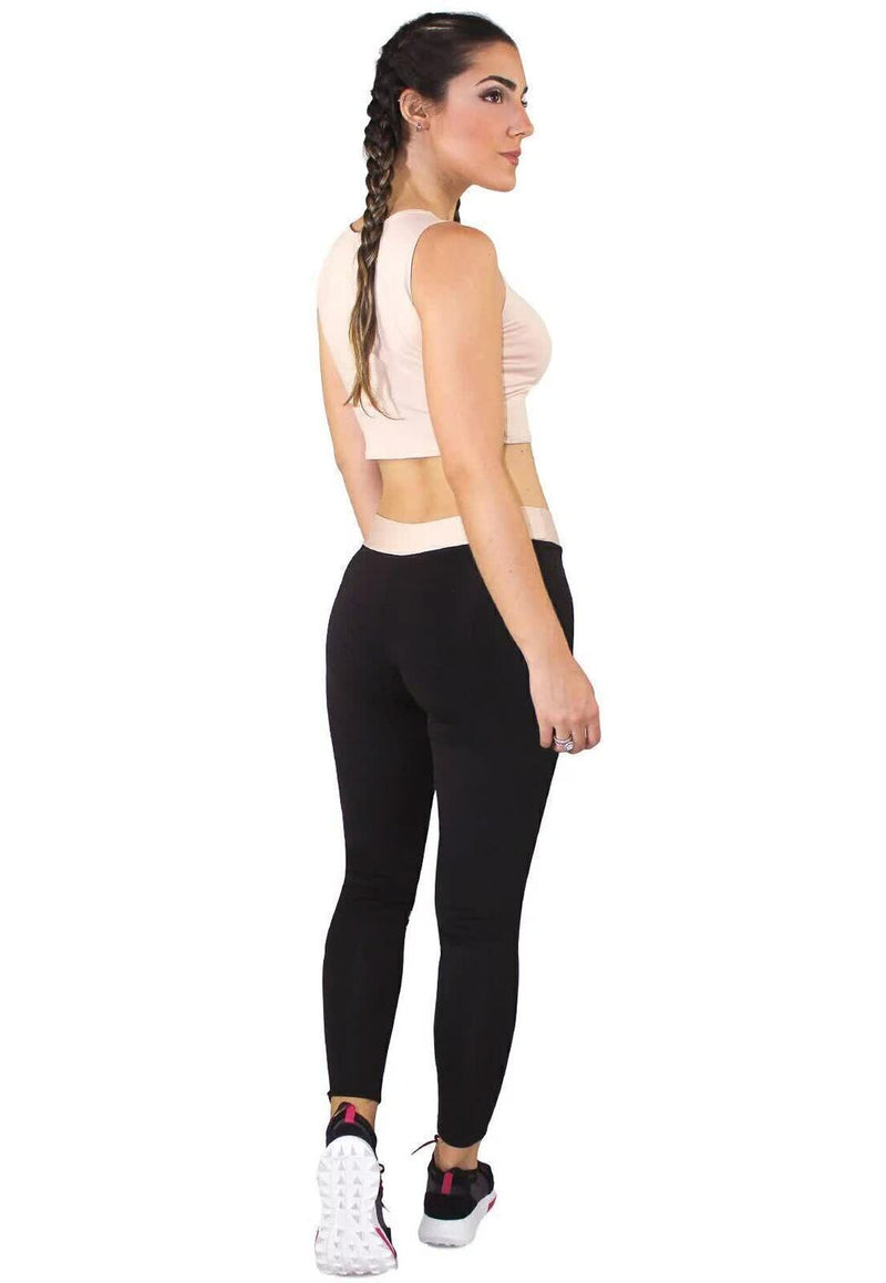 Conjunto Fitness Feminino Cropped Rosa + Calça Legging Preta Detalhe Rosa