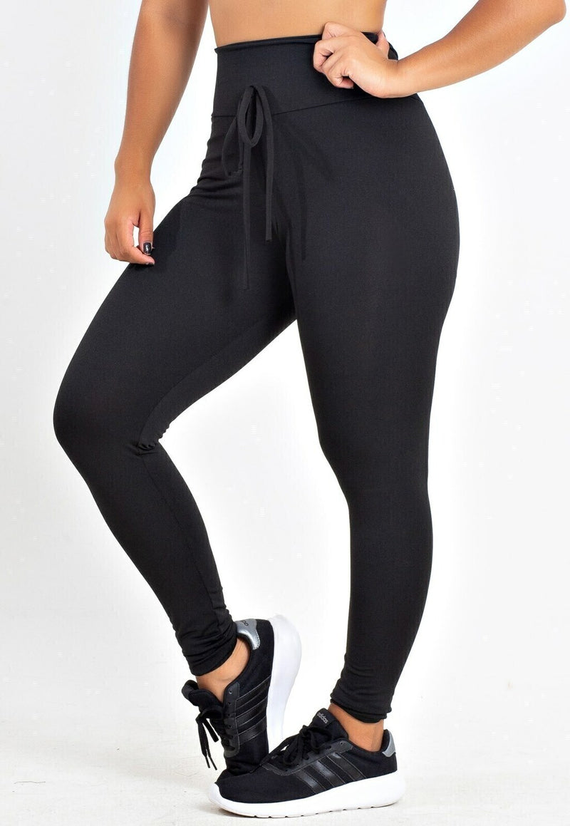 Calça Legging Feminina Cintura Alta Preta Detalhe Com Cadarço Falso