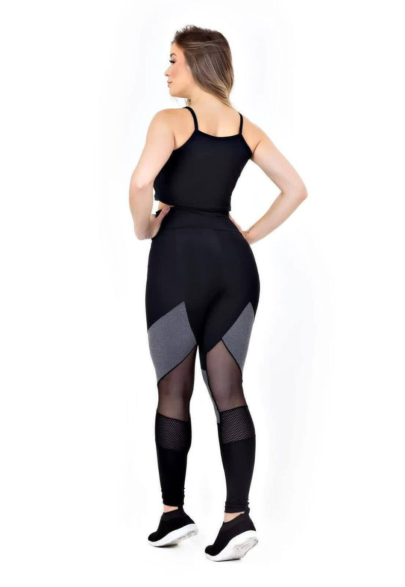 Conjunto Fitness Feminino Cropped Alcinha Preto Detalhe Em Tela + Calça Legging Cintura Alta Preta Detalhe Cinza e Transparente