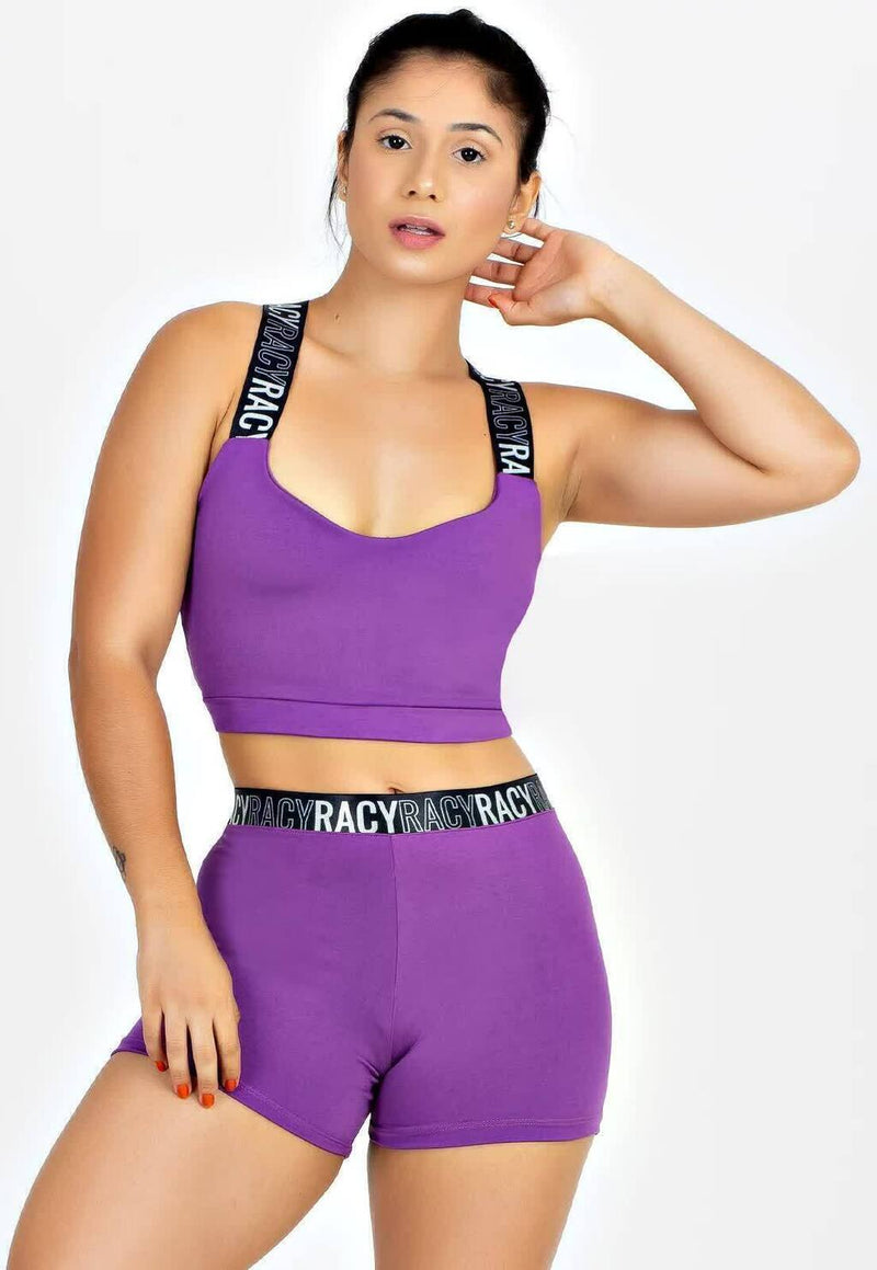 Conjunto Feminino Cropped Roxo Alça Cruzada e Short Curto Roxo Elástico Detalhado