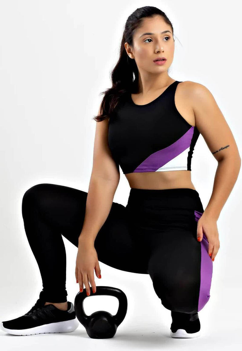 Conjunto Fitness Feminino Cropped Preto Detalhe Roxo e Branco + Calça Legging Cintura Alta Preta Faixa Roxa e Branca