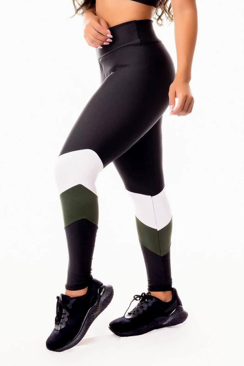 Calça Legging Feminina Academia Cintura Alta Preta Detalhes Em Verde Militar e Branco