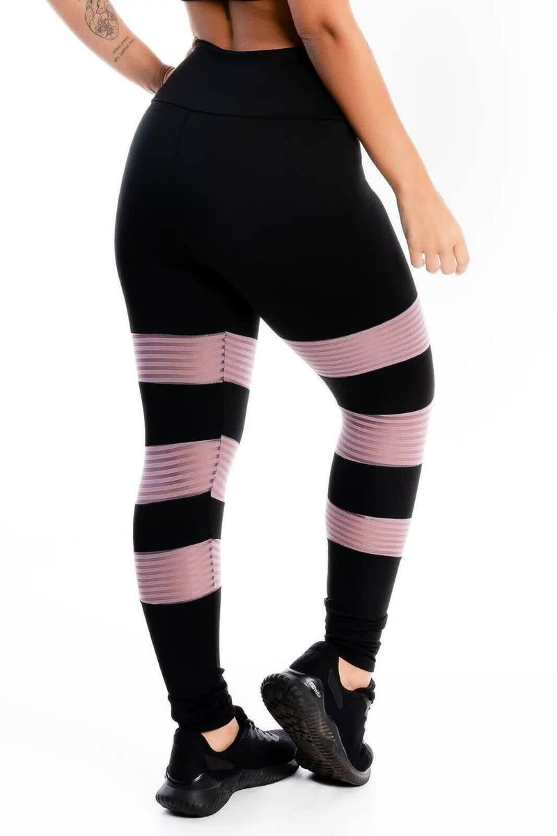 Calça Legging Feminina Cintura Alta Preta Detalhe Em Listras Lilás