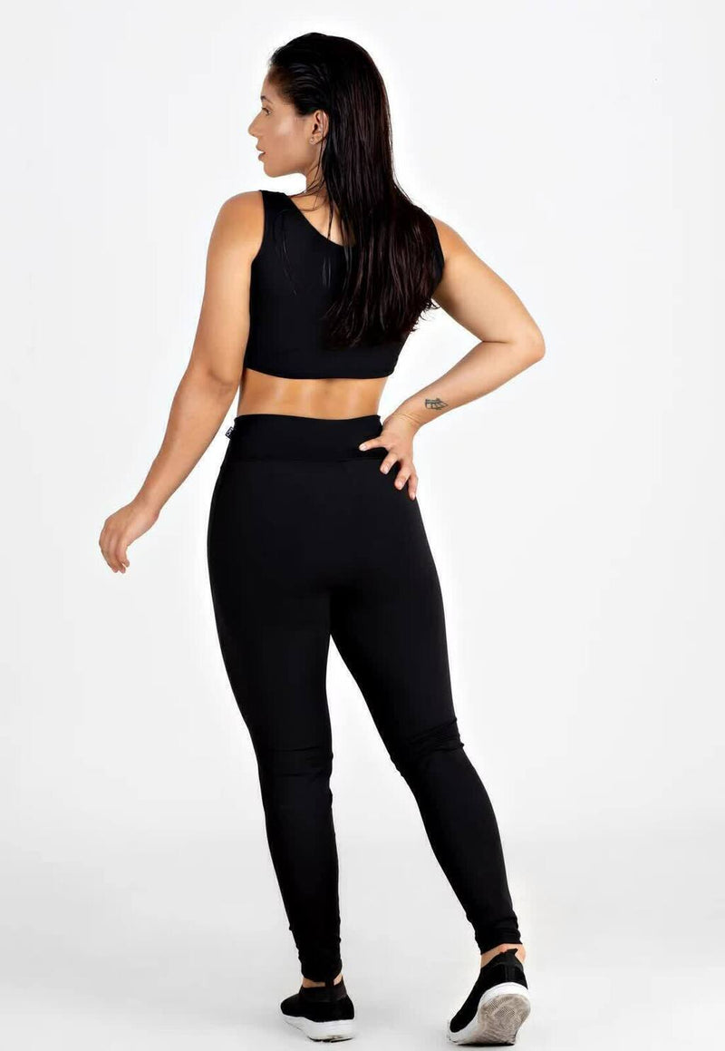 Conjunto Fitness Feminino Cropped Detalhe transparente Preto + Calça Legging Detalhe transparente Preta