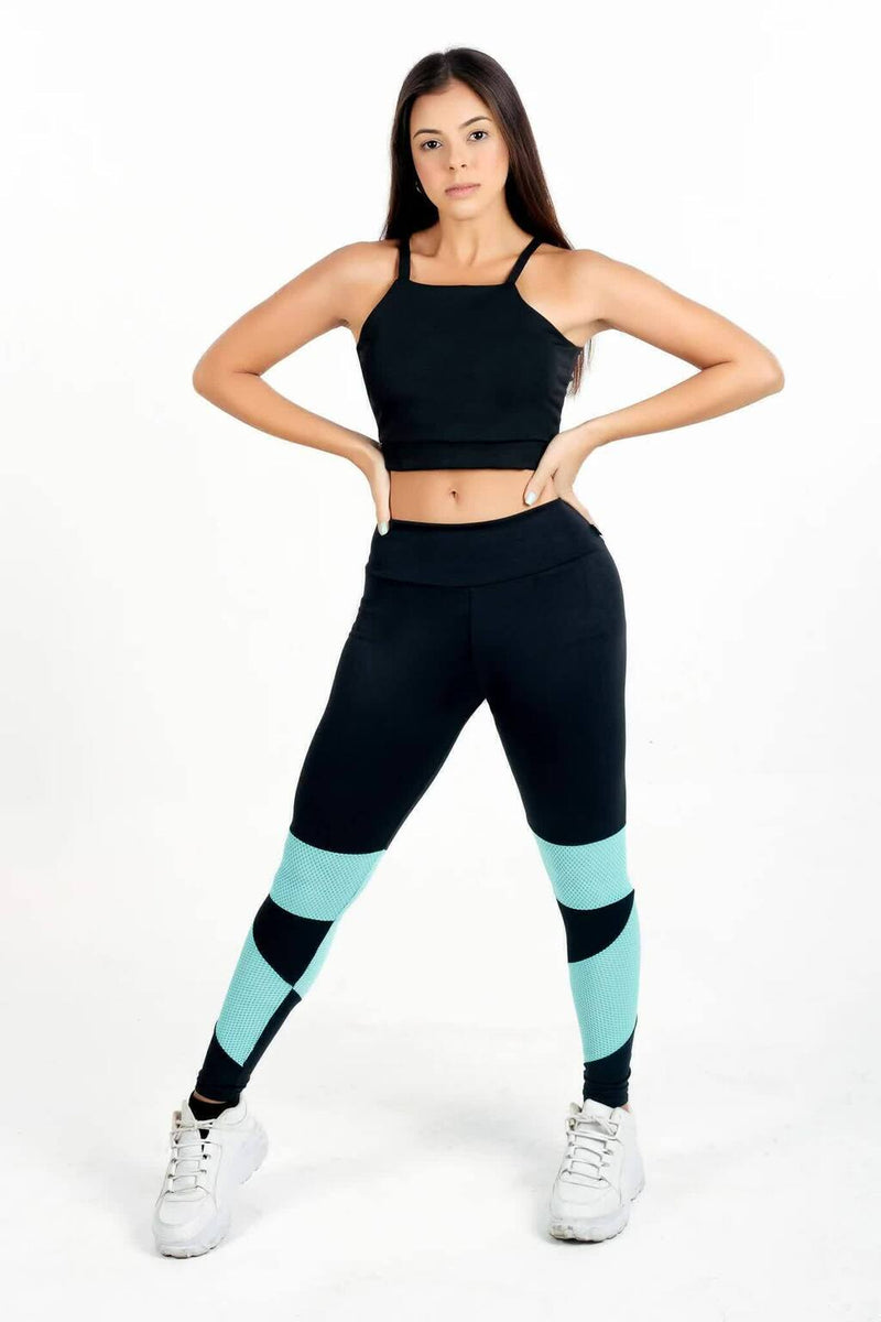 Conjunto Feminino Fitness Cropped  Preto e Calça Legging Turquesa