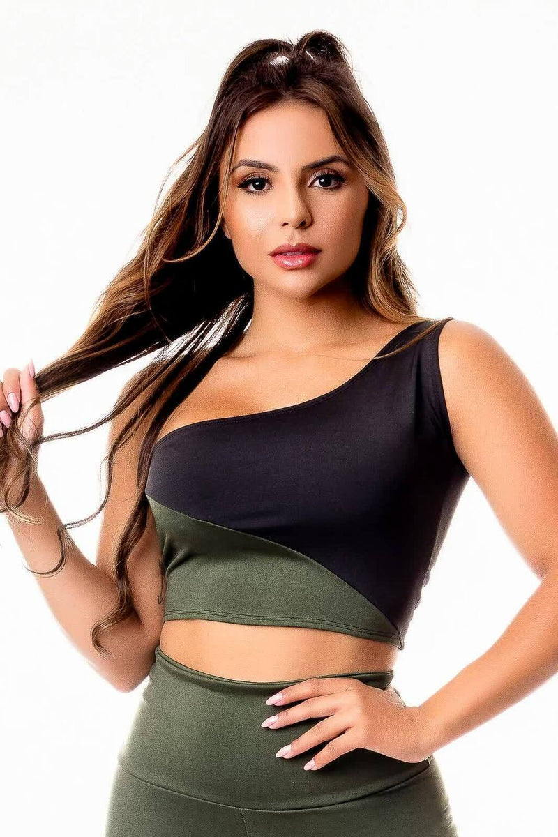 Top Cropped Fitness Verde Militar com Preto Um Ombro Só Academia