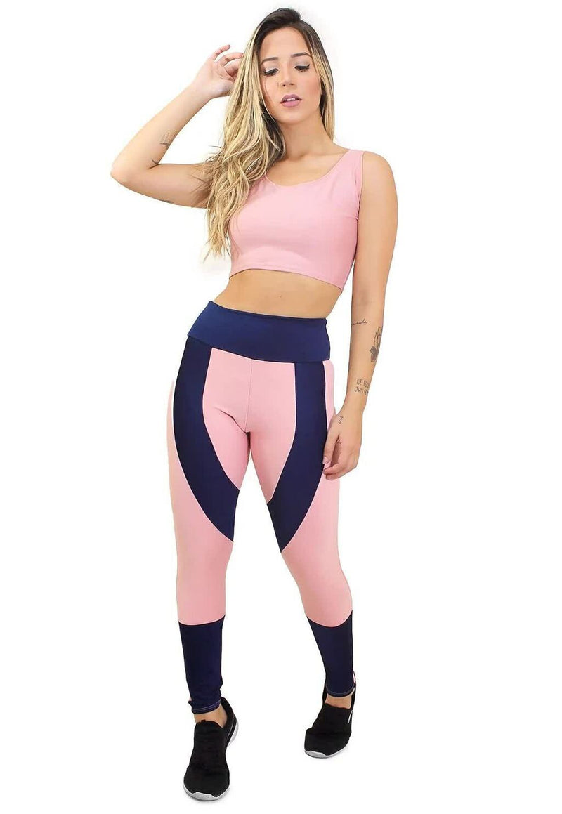 Conjunto Feminino Fitness Cropped Rosa e Calça Legging Rosa e Azul