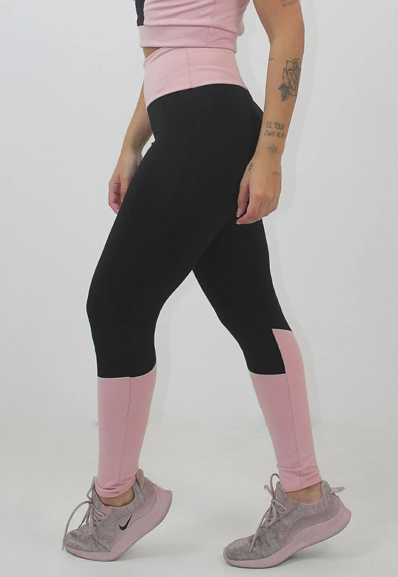 Calça Legging Feminina Cintura Alta Preta Com Detalhes Canela e Cintura Rosa