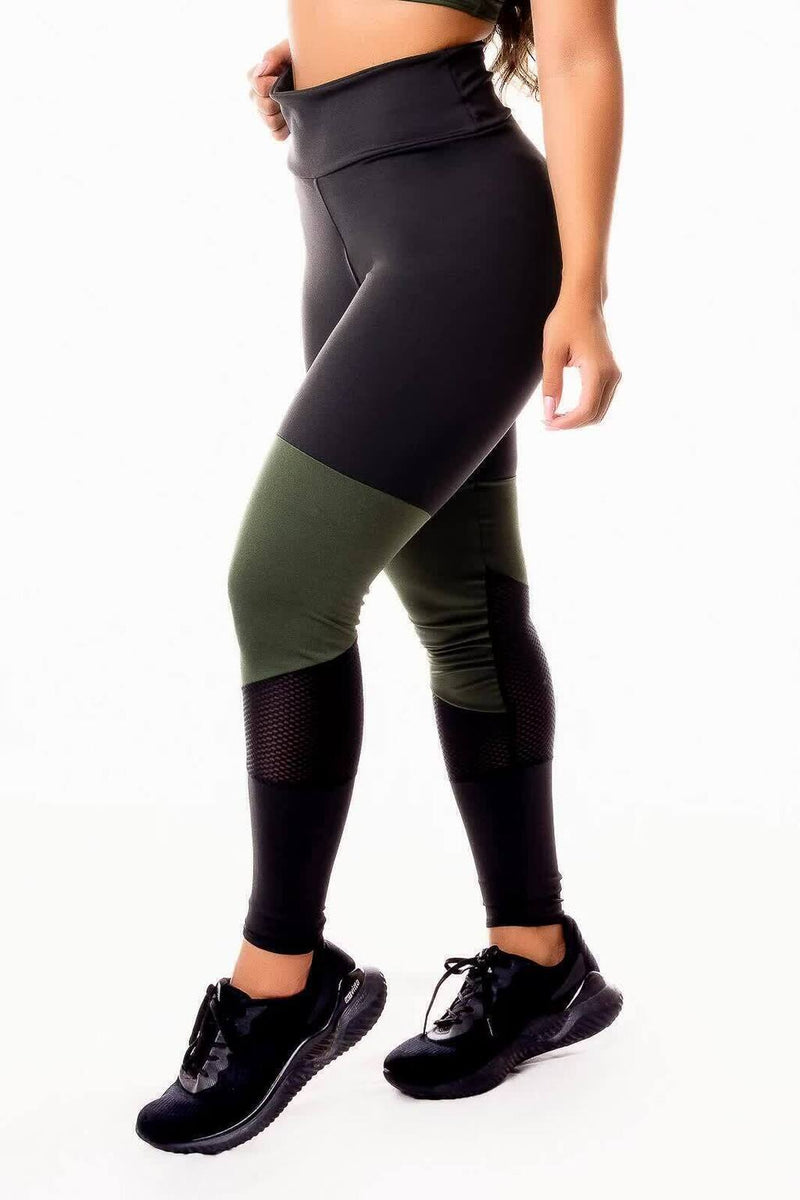 Calça Legging Feminina Cintura Alta Preta Detalhe Em Verde Militar e Em Tela Dry Transparente