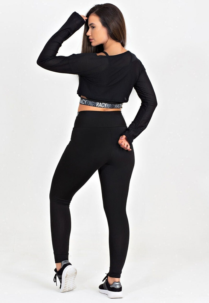 Conjunto Fitness Feminino Cropped Alcinha Preto Detalhe Elástico Preto + Cropped De Tela Manga Longa Preta + Calça Legging Cintura Alta Preta Com Elástico Preto