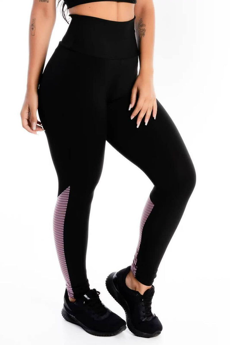 Calça Legging Feminina Cintura Alta Preta Com Betalhe Rosa E Em Tela Transparente