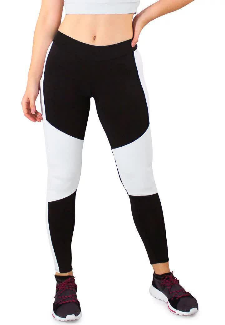 Calça Legging Feminina Cintura Alta Preta Detalhe Em Branco