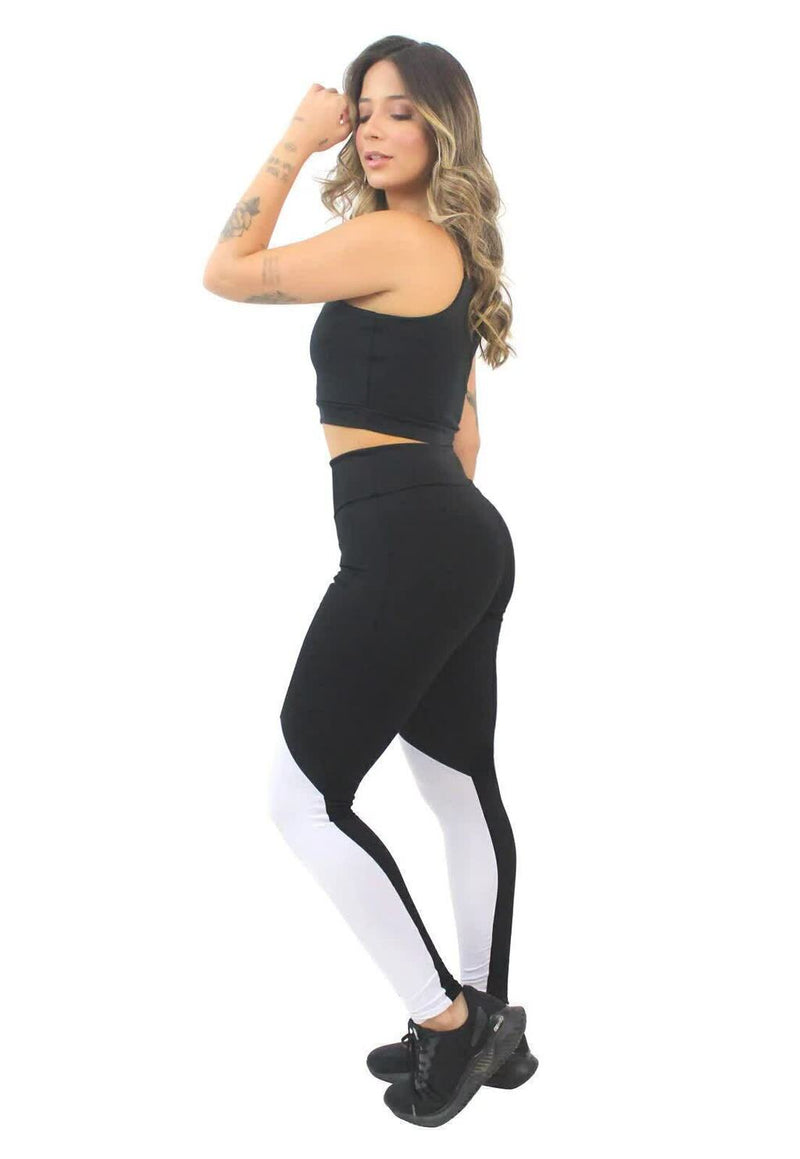 Conjunto Fitness Feminino Cropped Alcinha Preto + Calça Legging Cintura Alta Preta Detalhe Branco