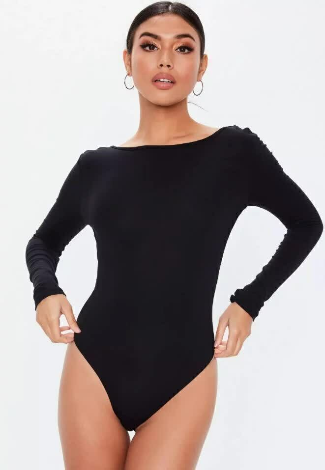 Body Feminino Manga Longa Costas Nua Preto