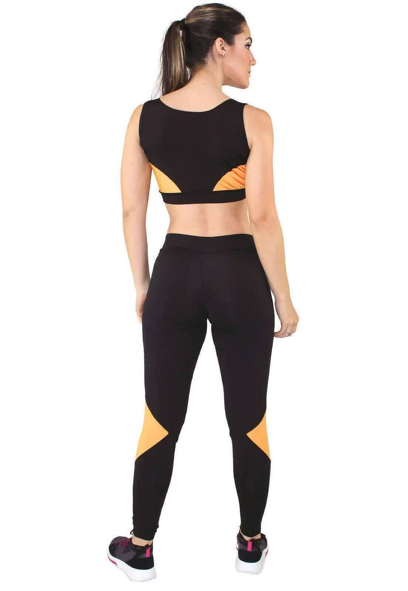 Conjunto Fitness Feminino Cropped Preto Detalhe Laranja + Calça Legging Preta Detalhe Laranja